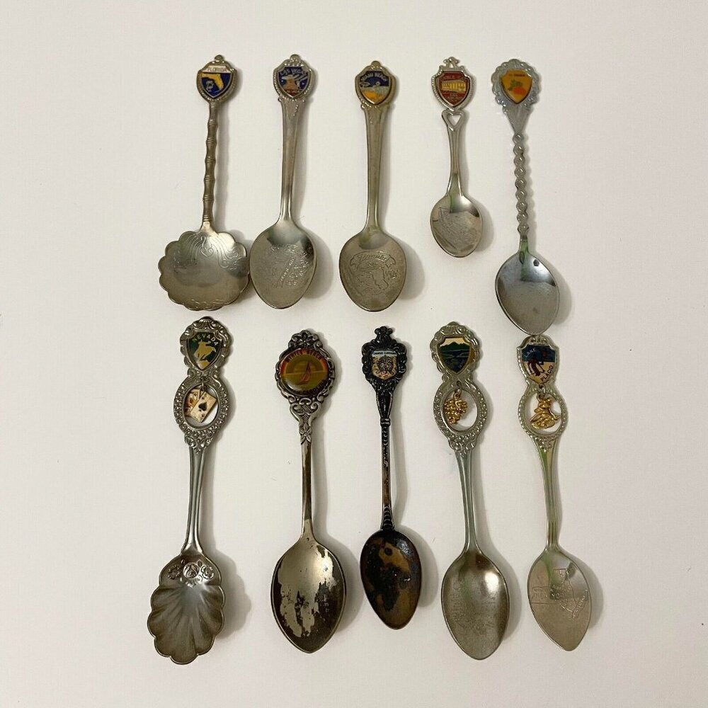 Vintage Lot of 10 Souvenir Spoons Nevada Florida Miami Lake Placid Flaws